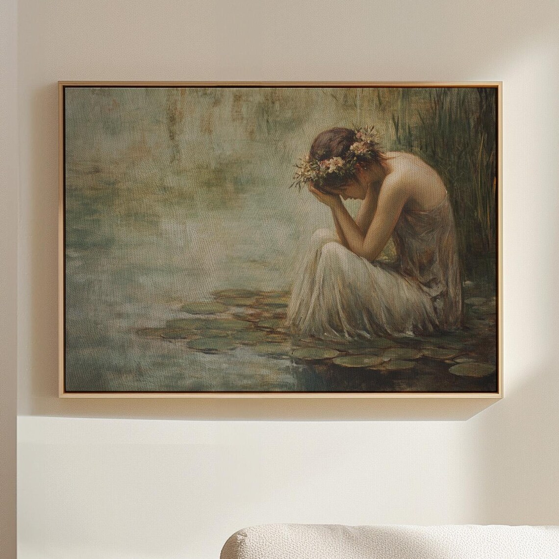 Melancholic Woman with Flower Crown Sitting Among Lily Pads Poster