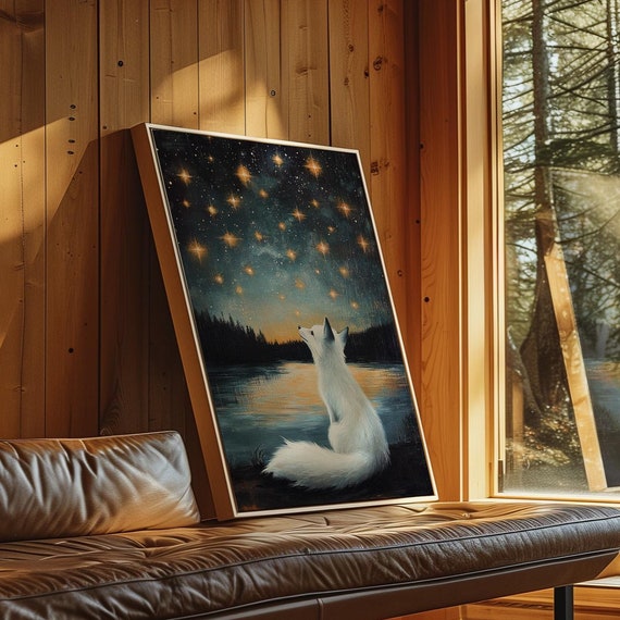 Mystical White Fox Gazing At Starry Sky Celestial Lake Scene Wall Art Enchanting Woodland Night Animal Print