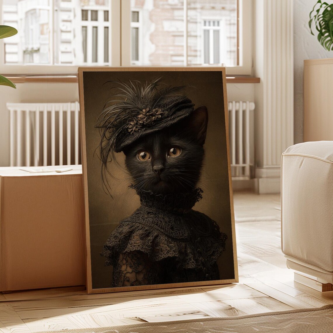Black Cat Victorian Lady Portrait Feather Hat Oil Painting Poster