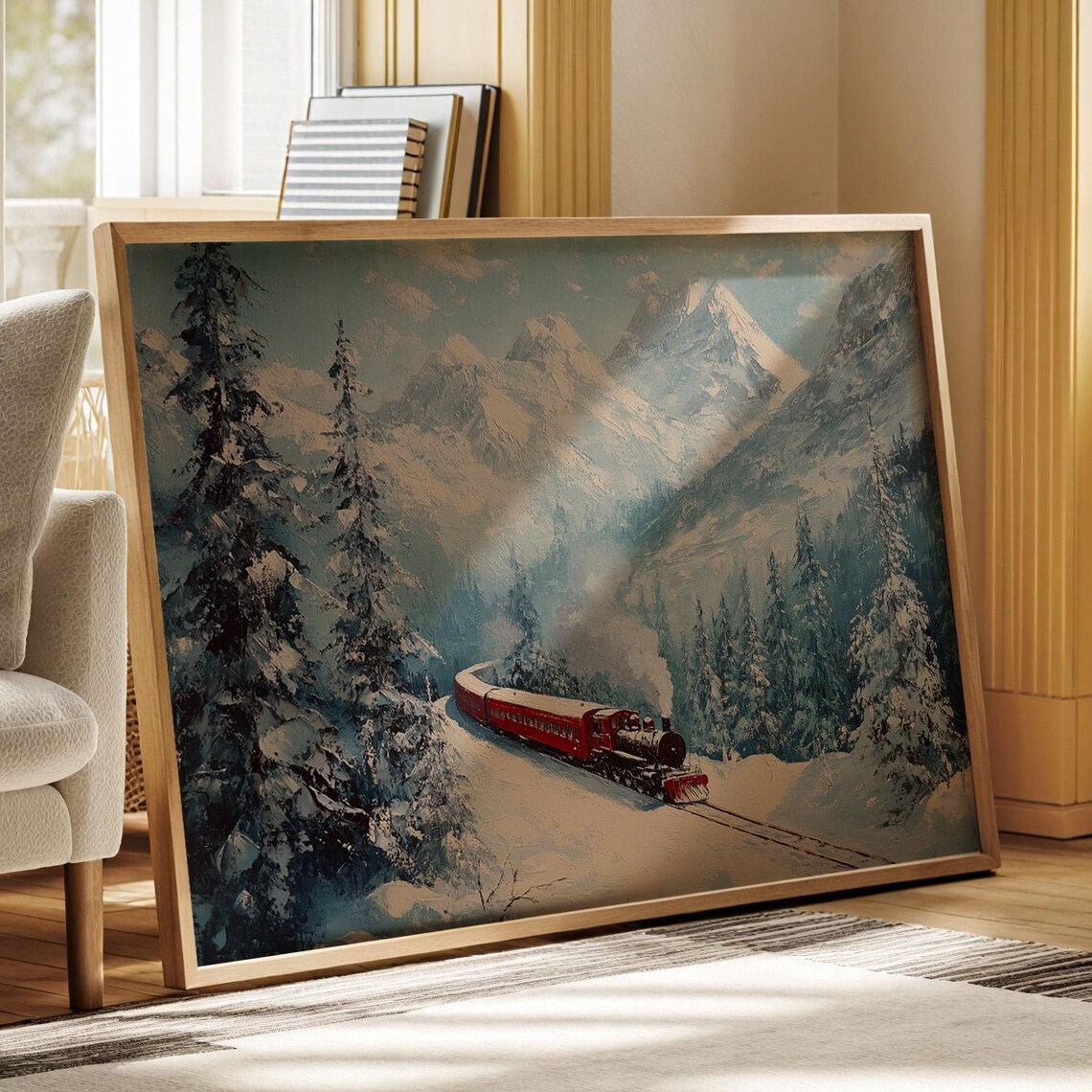 Red Steam Train In Snowy Mountain Forest Winter Landscape Poster