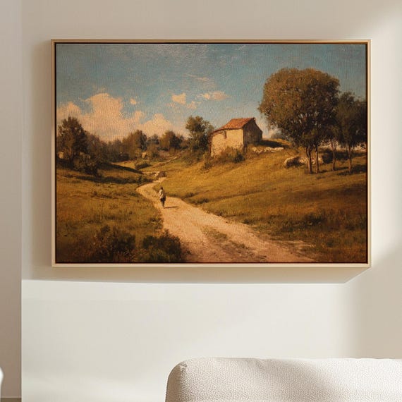 Rural Countryside Path Canvas Vintage Oil Painting Of Man Walking A Winding Road Toward Stone House Under Bright Blue Sky
