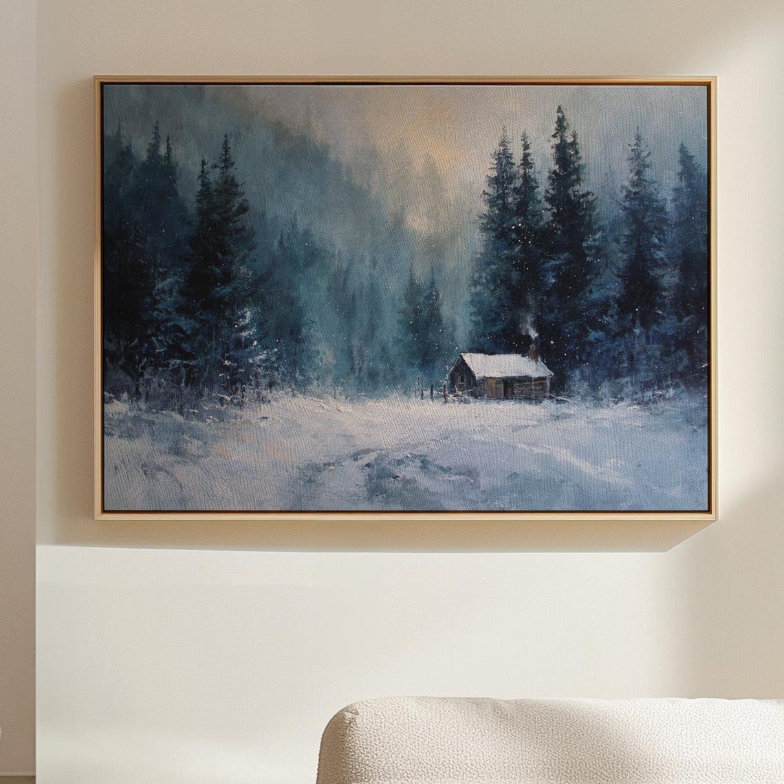Snowy Winter Cabin In Pine Forest Blue Canvas Style Wall Art