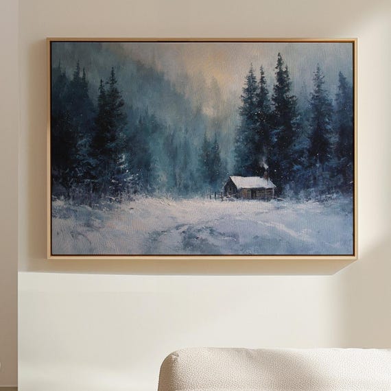 Winter Cabin In Snowy Forest Canvas Wall Art Cozy Rustic Painting With Snowfall Serene Mountain Holiday Home Decor