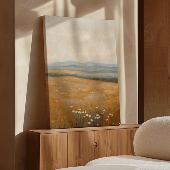 Golden Field Print Minimalist Landscape Wall Art Rustic Home Decor Neutral Toned Nature Painting