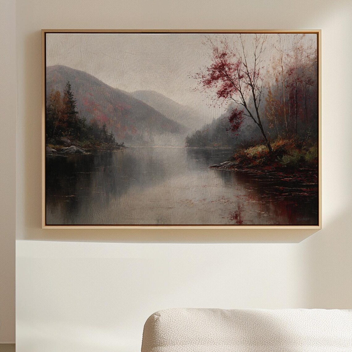 Misty Autumn Lake Red Foliage Mountain Landscape Oil Painting Poster