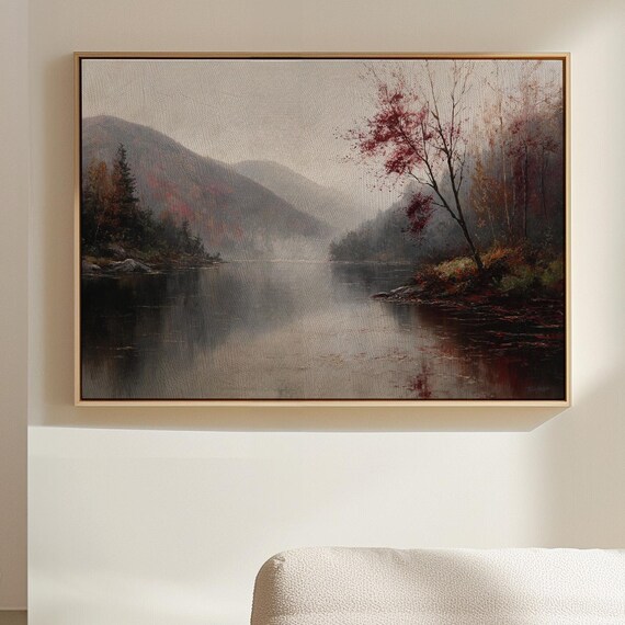 Misty Autumn Lake Red Foliage Mountain Landscape Oil Painting Poster