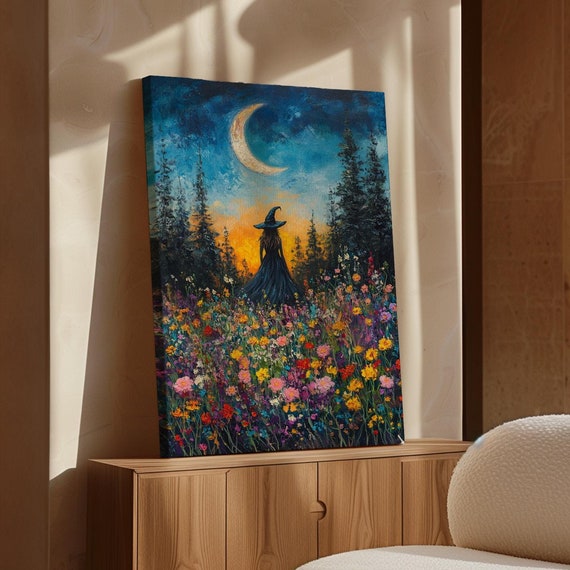 Whimsical Witch In Moonlit Wildflower Field Enchanting Art Of A Witch Silhouette With Vibrant Flowers Under A Crescent Moon