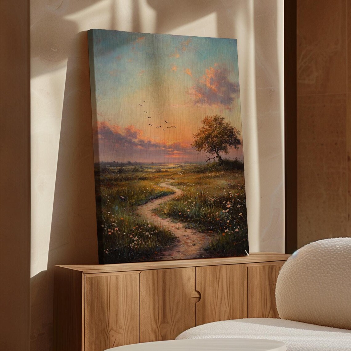 Golden Sunset Pathway With Wildflowers, Landscape Art