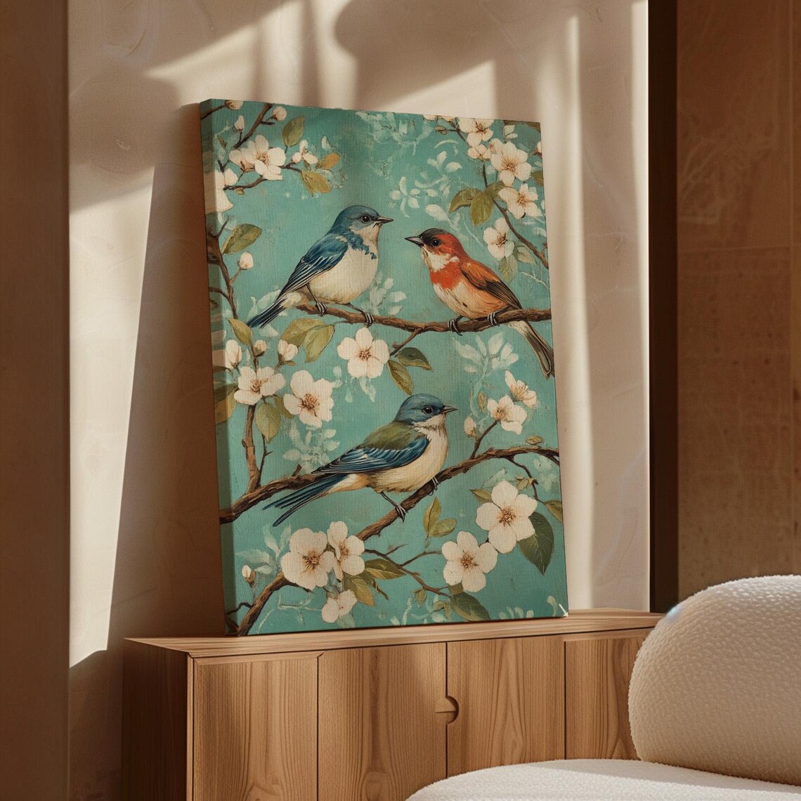Songbirds On Cherry Blossom Branch Teal Vintage Bird Trio Poster
