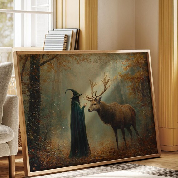 Witch Stag Autumn Forest Enchanted Woodland Mystical Fantasy Art Poster