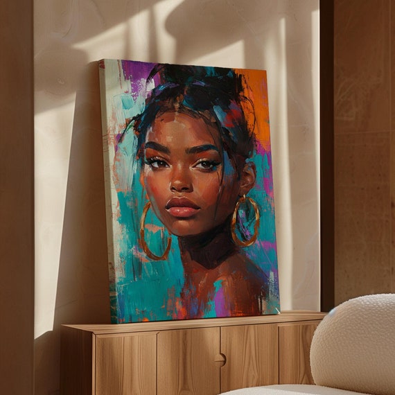 Vibrant Portrait Of A Woman With Gold Hoop Earrings Bold And Colorful Abstract Painting On Modern Statement Wall Art