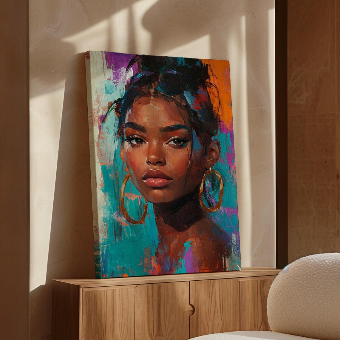Vibrant Woman Portrait Gold Hoop Earrings Bold Abstract Modern Poster