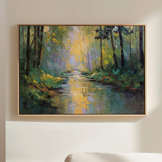Forest River Canvas Wall Art Impressionist Landscape Painting With Sunlit Trees And Reflections Nature Dcor For Home Office
