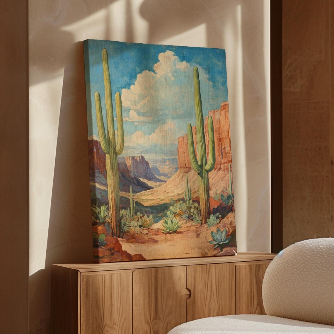 Saguaro Cactus Desert Scene Red Rock Canyon Vintage Style Poster
