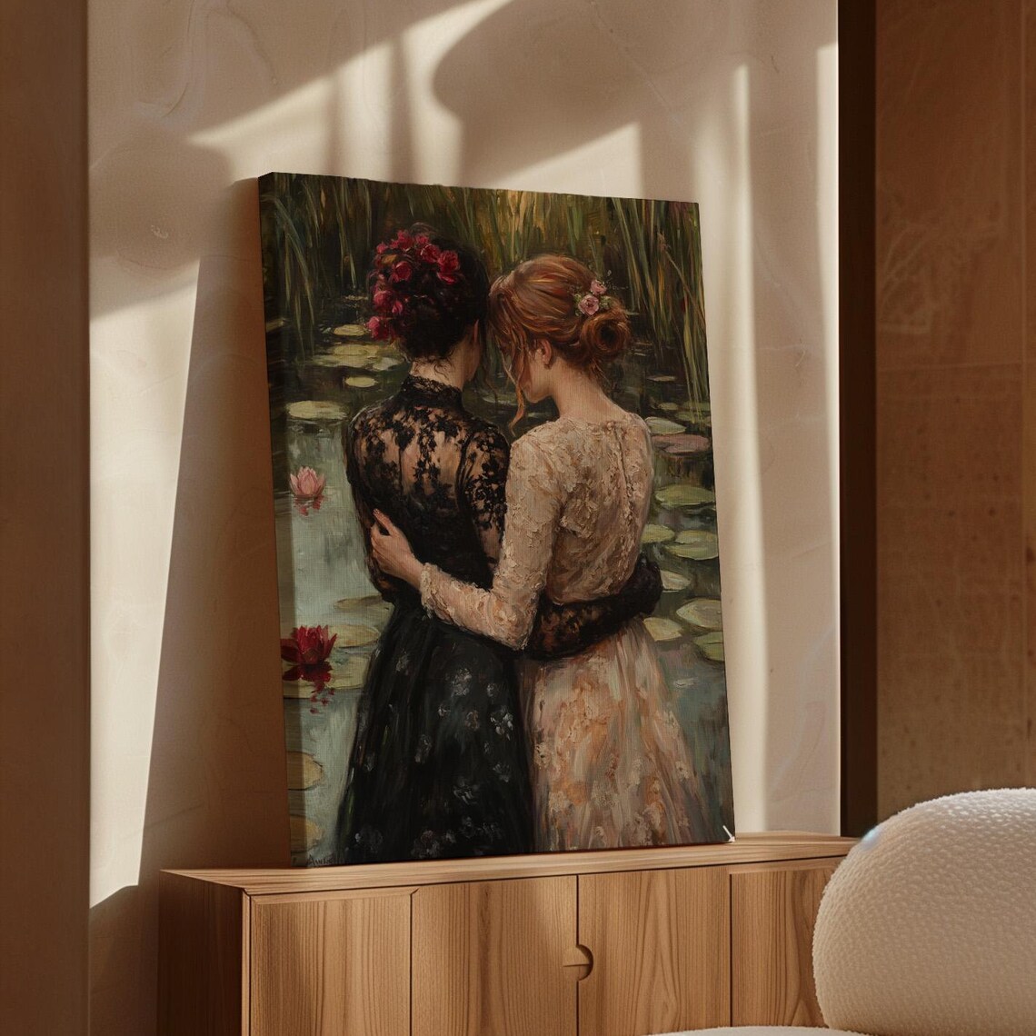Two Women Embracing by a Lily Pond Romantic Vintage Oil Painting Print