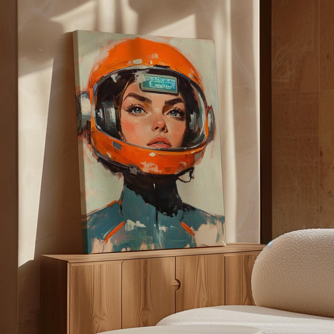 Bold Female Astronaut Portrait, Futuristic Space Explorer Art Print