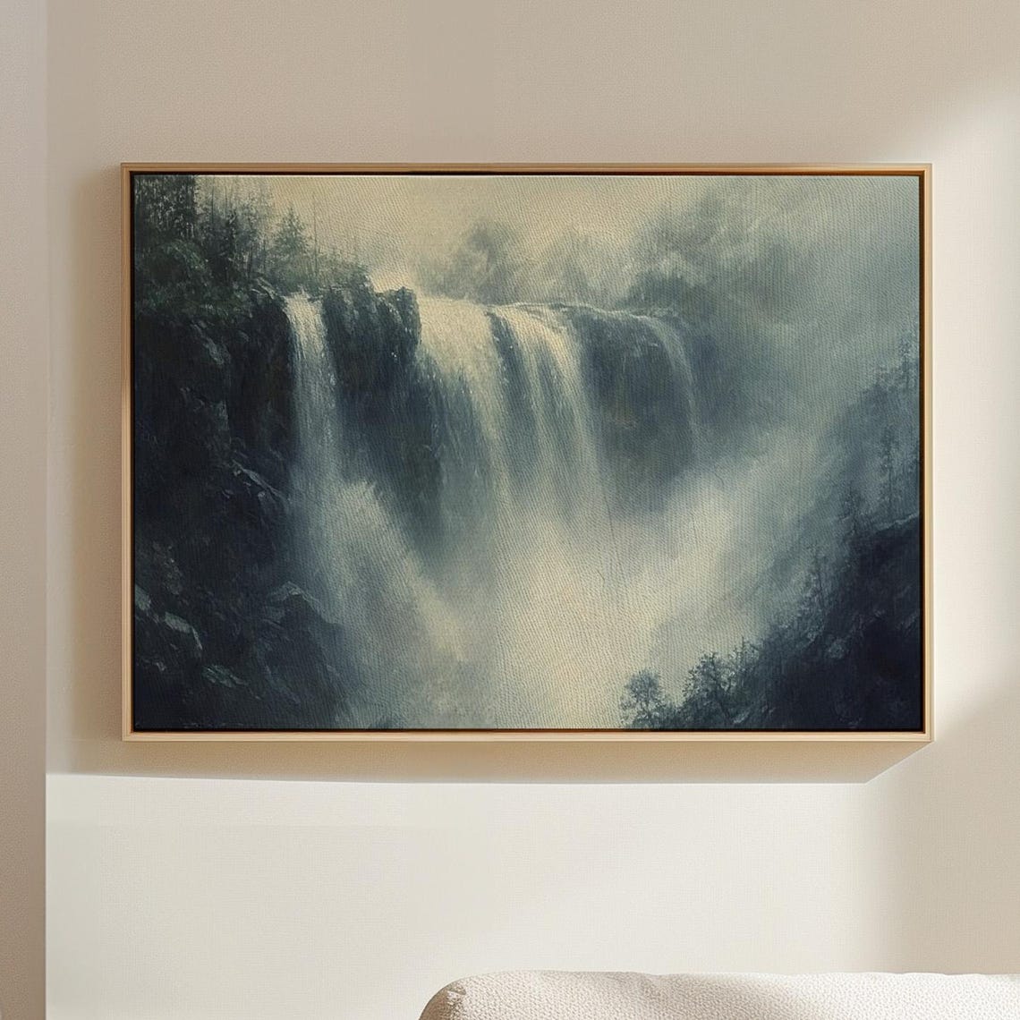 Misty Forest Waterfall Cascading Falls Foggy Woodland Landscape Poster