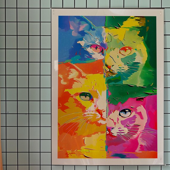 Pop Art Cat Face Four Color Quadrant Neon Modern Animal Poster