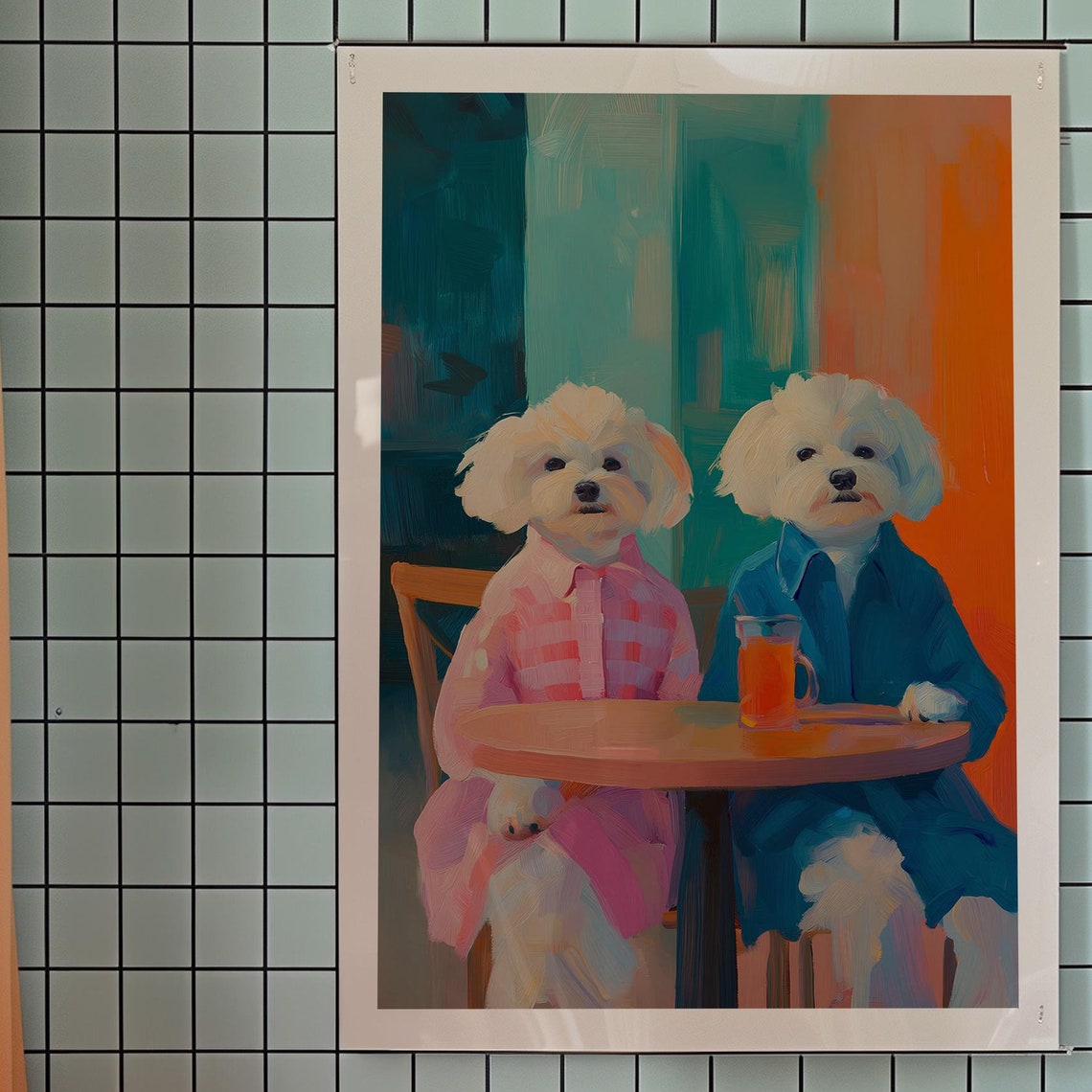 Two Cute Maltese Dogs Sitting At Cafe Table Kitsch Art Print