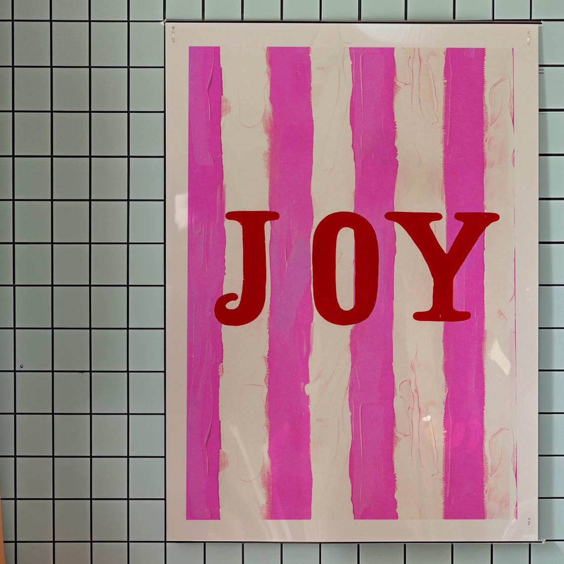 Bold Red Joy Lettering Over Pink Stripe Painterly Art Wall Print