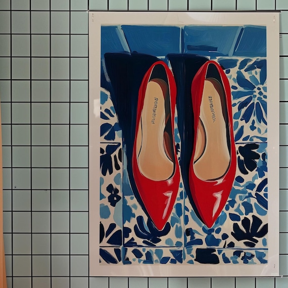 Red High Heels From Above on Blue Floral Tiles Matisse Style Poster