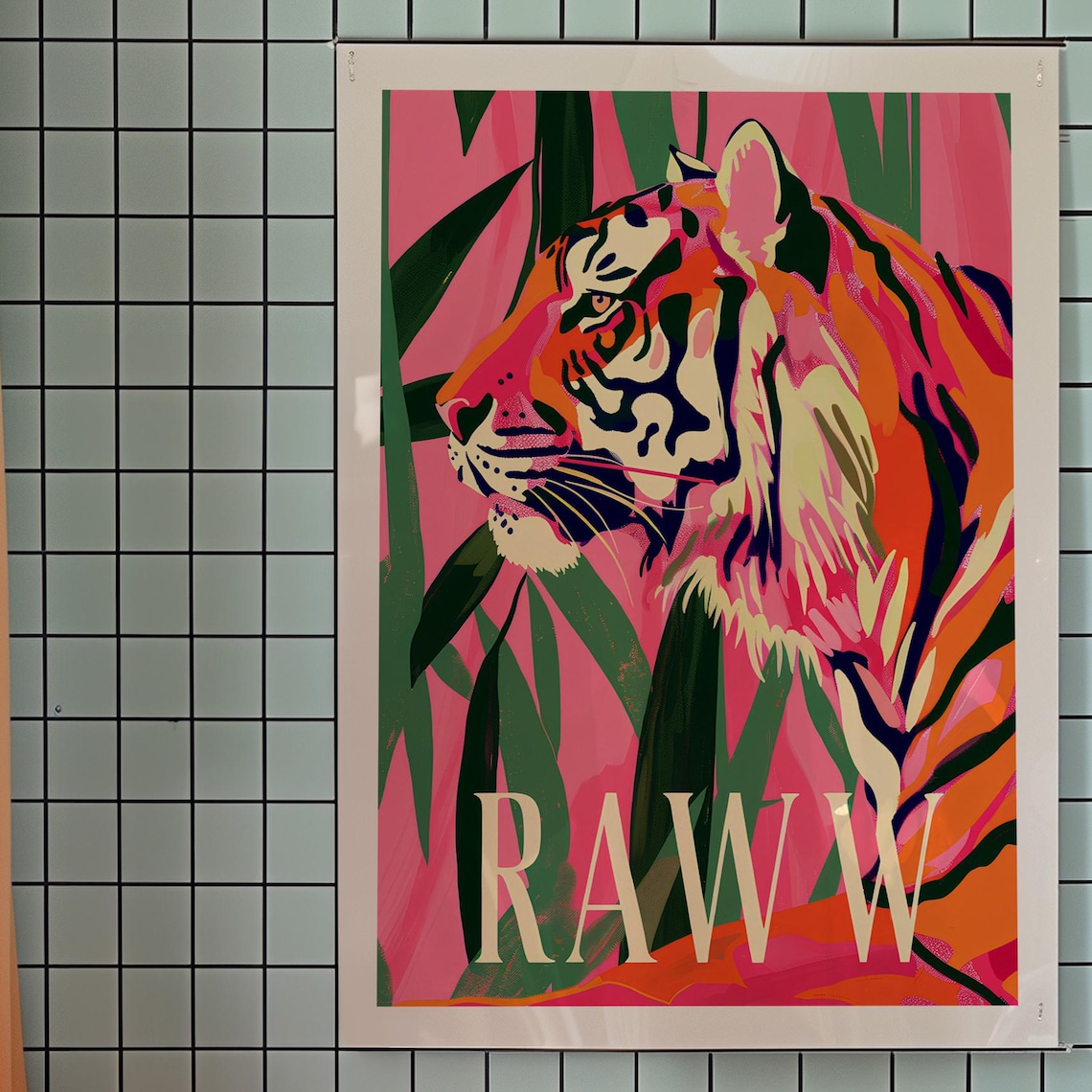 Pop Art Tiger Portrait In Hot Pink Jungle With RAWW Lettering Poster