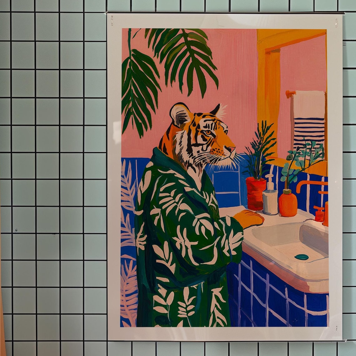 Tiger in Bathrobe Bathroom Funny Kitsch Whimsical Animal Poster