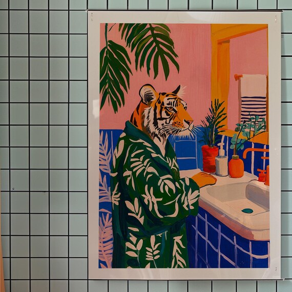 Tiger In Bath Print Funny Kitsch Bathroom Wall Art