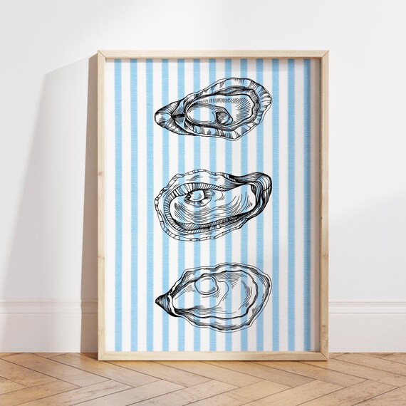 Oyster Shell Trio Hand Drawn on Blue Stripe Coastal Art Print