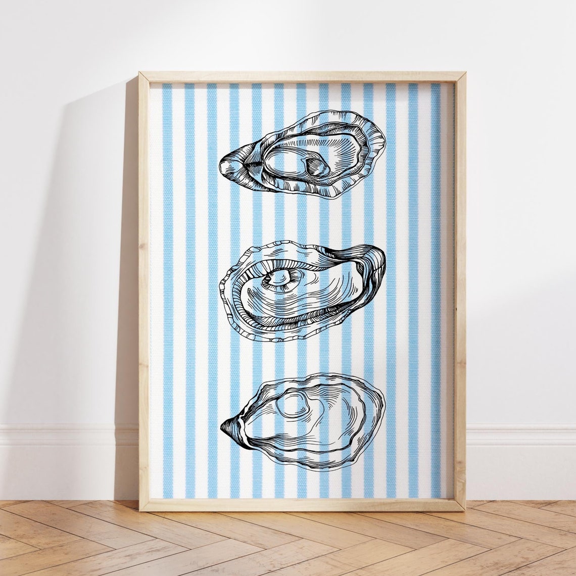 Oyster Shell Trio Hand Drawn on Blue Stripe Coastal Art Print