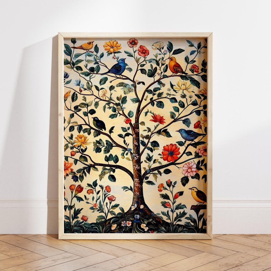 Colorful Songbirds Perched in a Flowering Tree Folk Art Poster