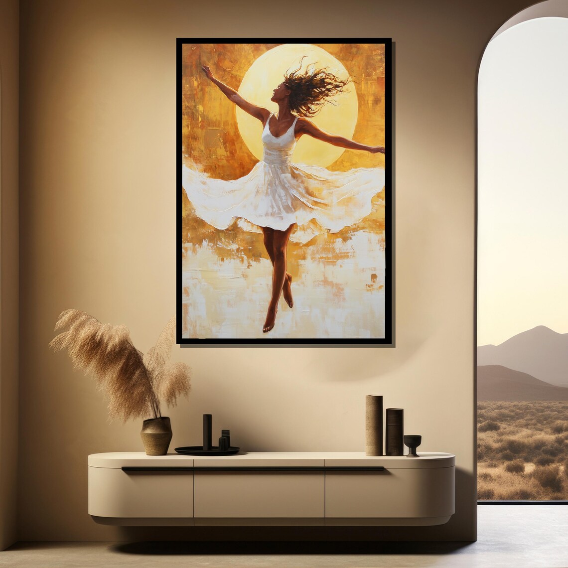 Joyful Dancing Woman in White Dress Before a Golden Sun Poster - Image 4