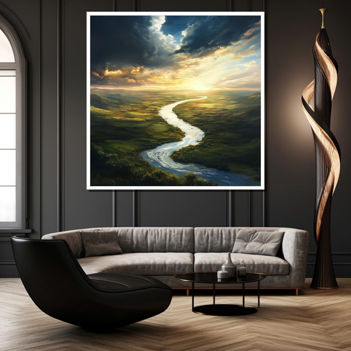 Golden Horizon Winding River Valley Sunset Landscape Artwork Poster - Image 2