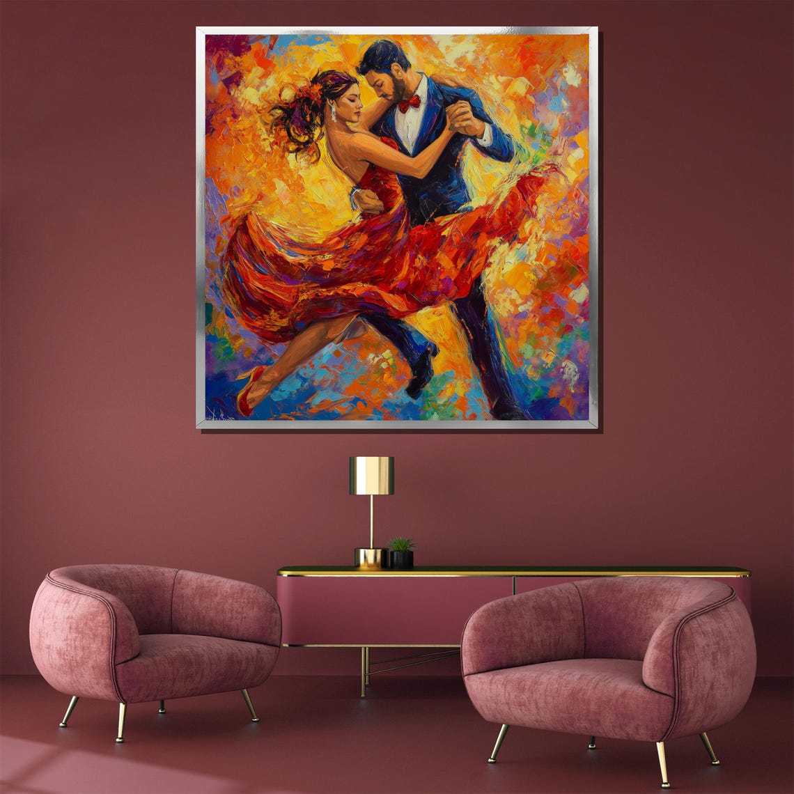 Vibrant Dancing Couple in Red Dress Impasto Style Romantic Art Poster - Image 3