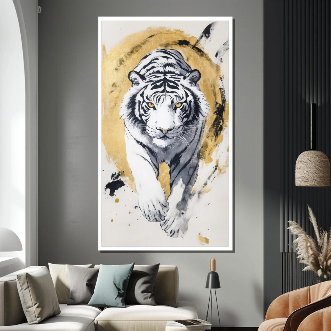 White Tiger Leaping Forward Gold Ink Wash Circle Bold Poster - Image 2