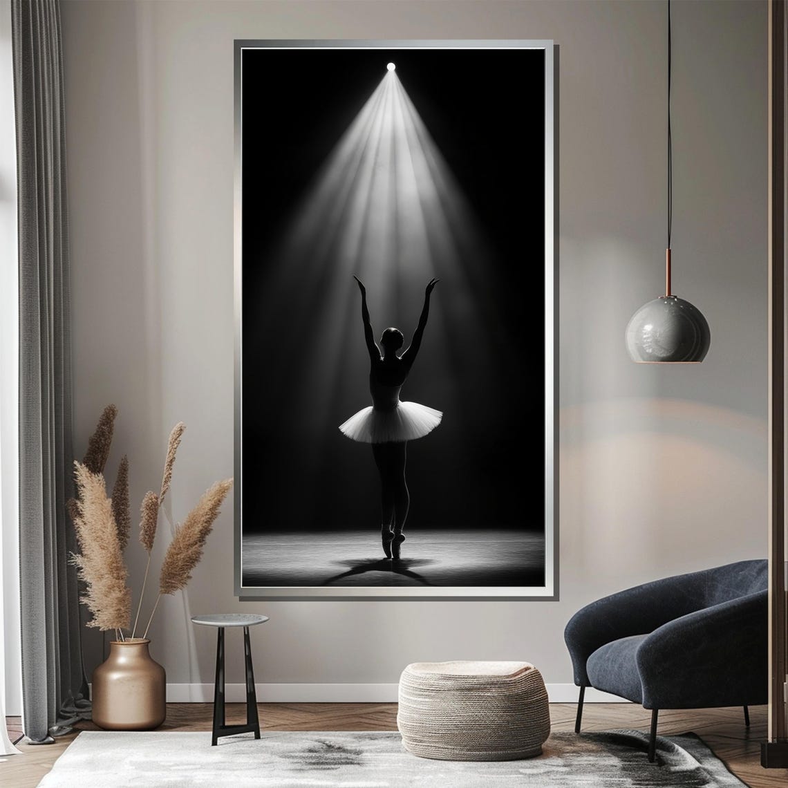 Ballerina Under a Single Spotlight in Black and White Poster - Image 3