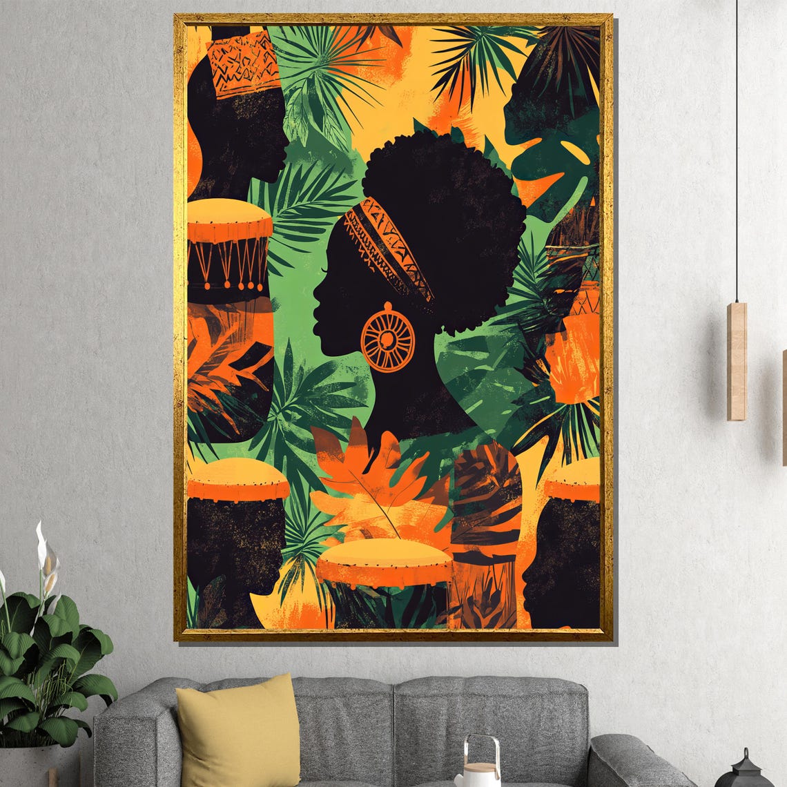 African Silhouettes and Drums in Lush Jungle Leaves Art Poster