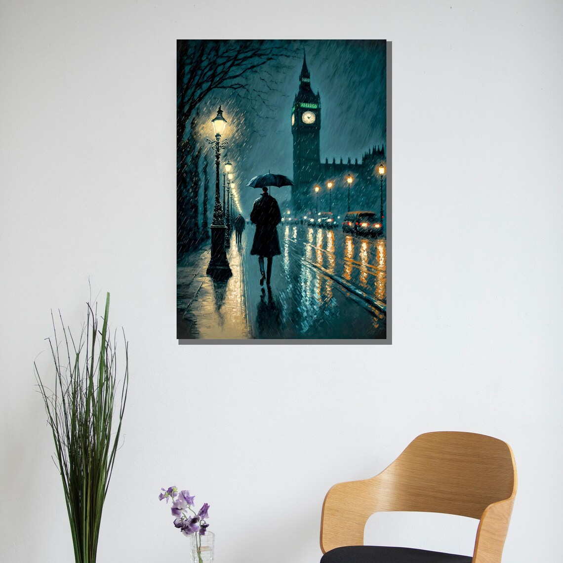 Atmospheric Rainy London Night Street Scene With Big Ben Poster - Image 2