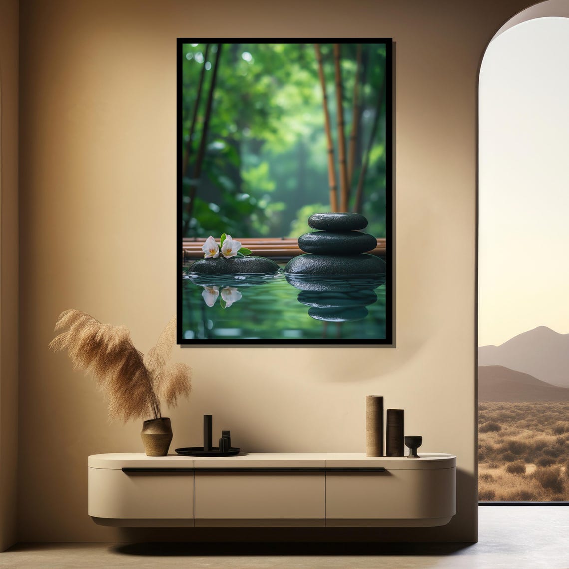 Tranquil Zen Garden Stones and Bamboo Water Reflection Poster - Image 5
