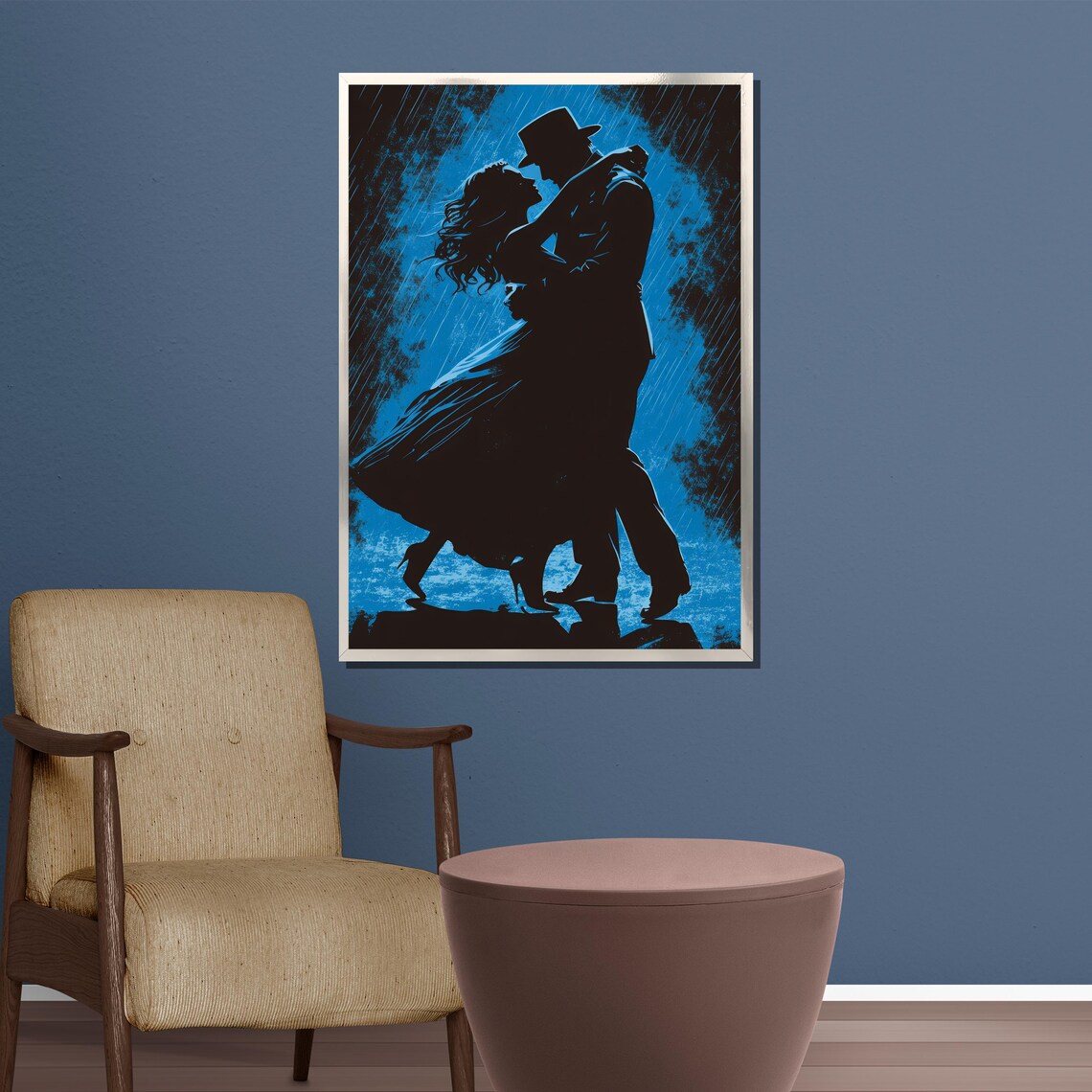 Romantic Couple Dancing in the Rain in Electric Blue Tones Poster - Image 3