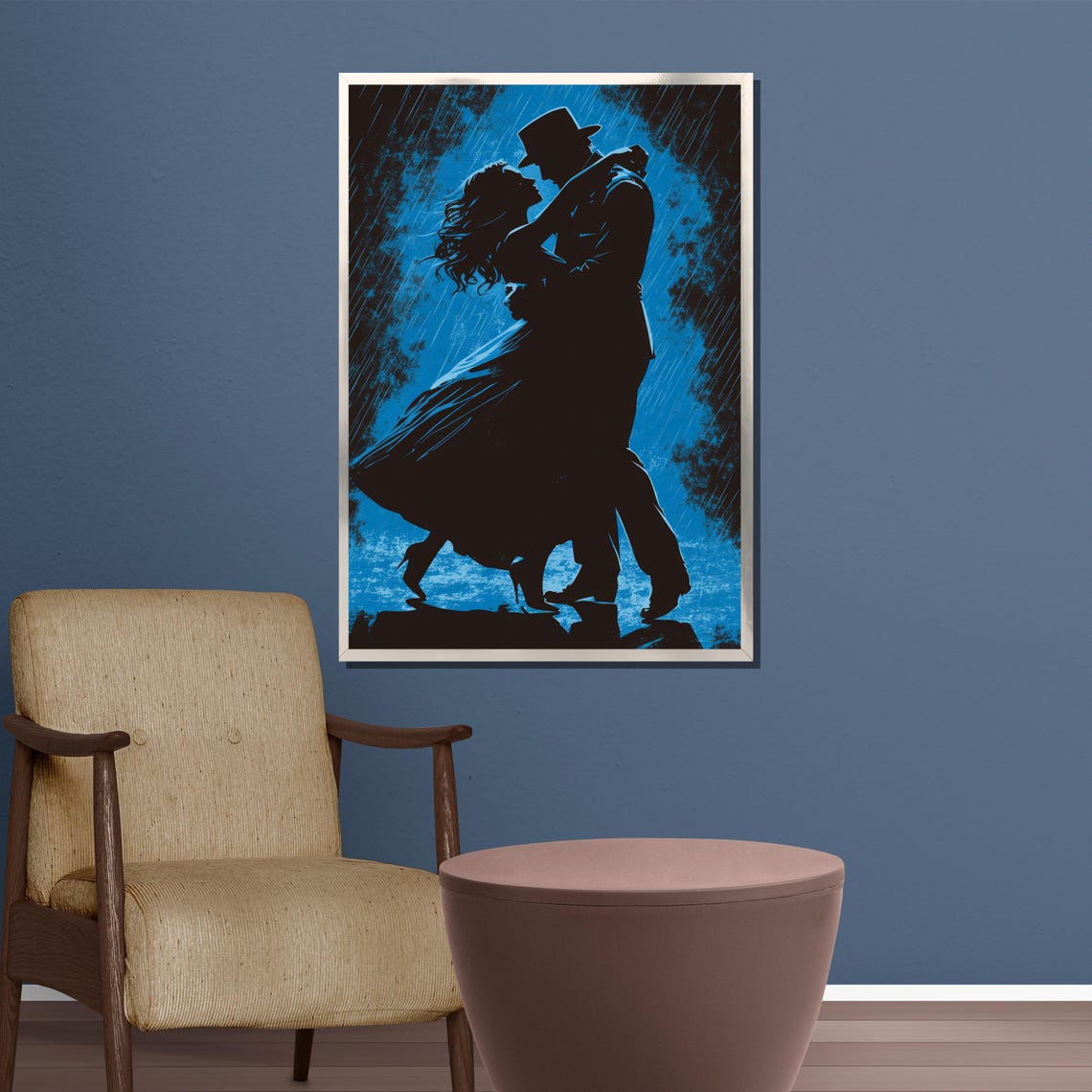 Silhouette Couple Dancing In Rain Painting Romantic Blue Wall Art And Unique Gift For Dance Lovers - Image 3