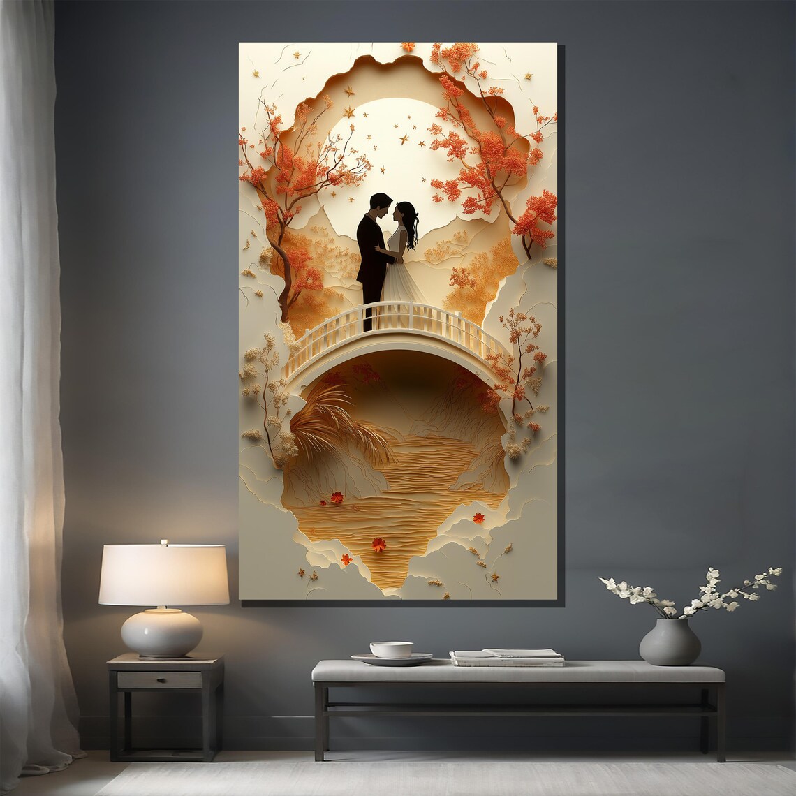 Autumn Bridge Couple Paper Cut Style Layered Leaves Art Poster - Image 2
