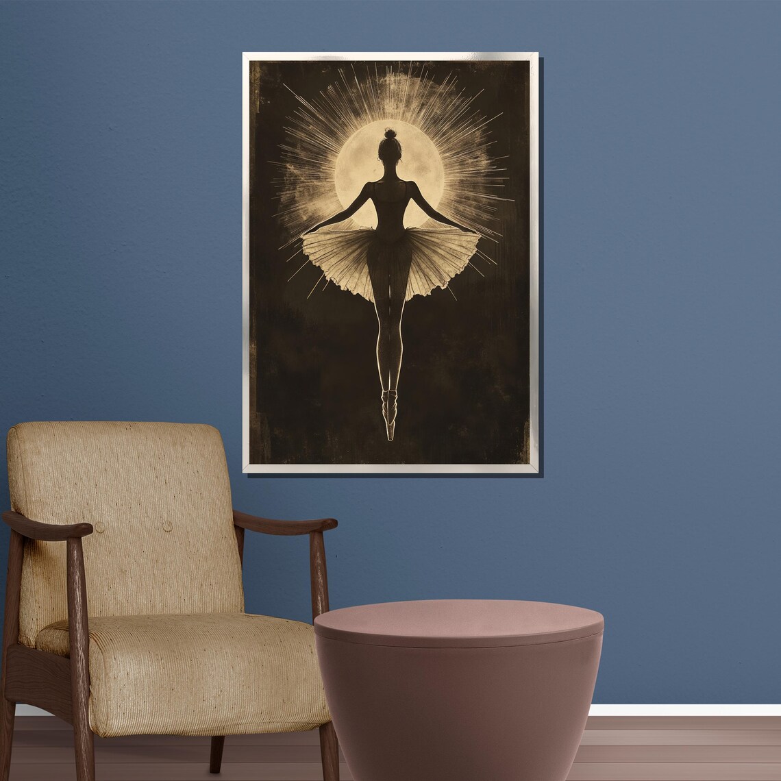 Moonlit Ballerina Silhouette Before a Radiant Golden Sunburst Poster - Image 3