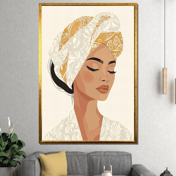 Minimalist Woman Profile in Gold Patterned Turban Serene Art Poster