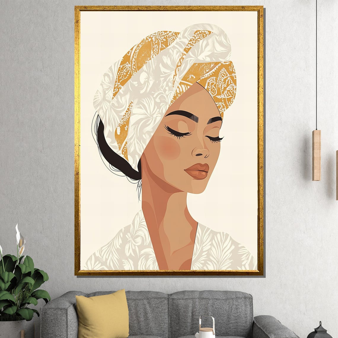 Minimalist Woman Profile in Gold Patterned Turban Serene Art Poster