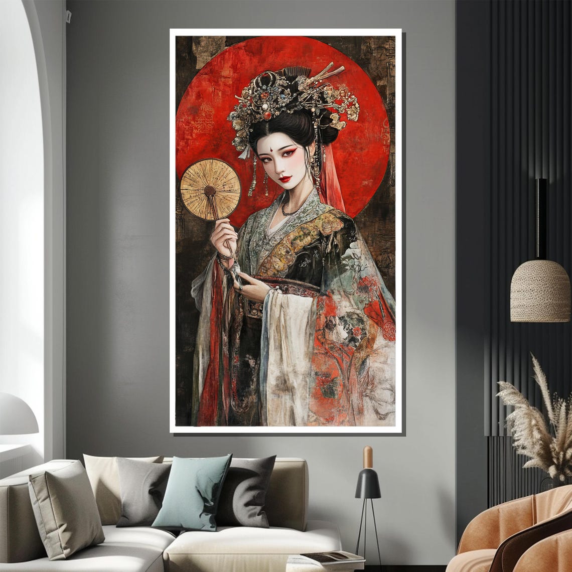 Elegant Geisha in Ornate Kimono Before Blazing Red Sun Art Poster - Image 2