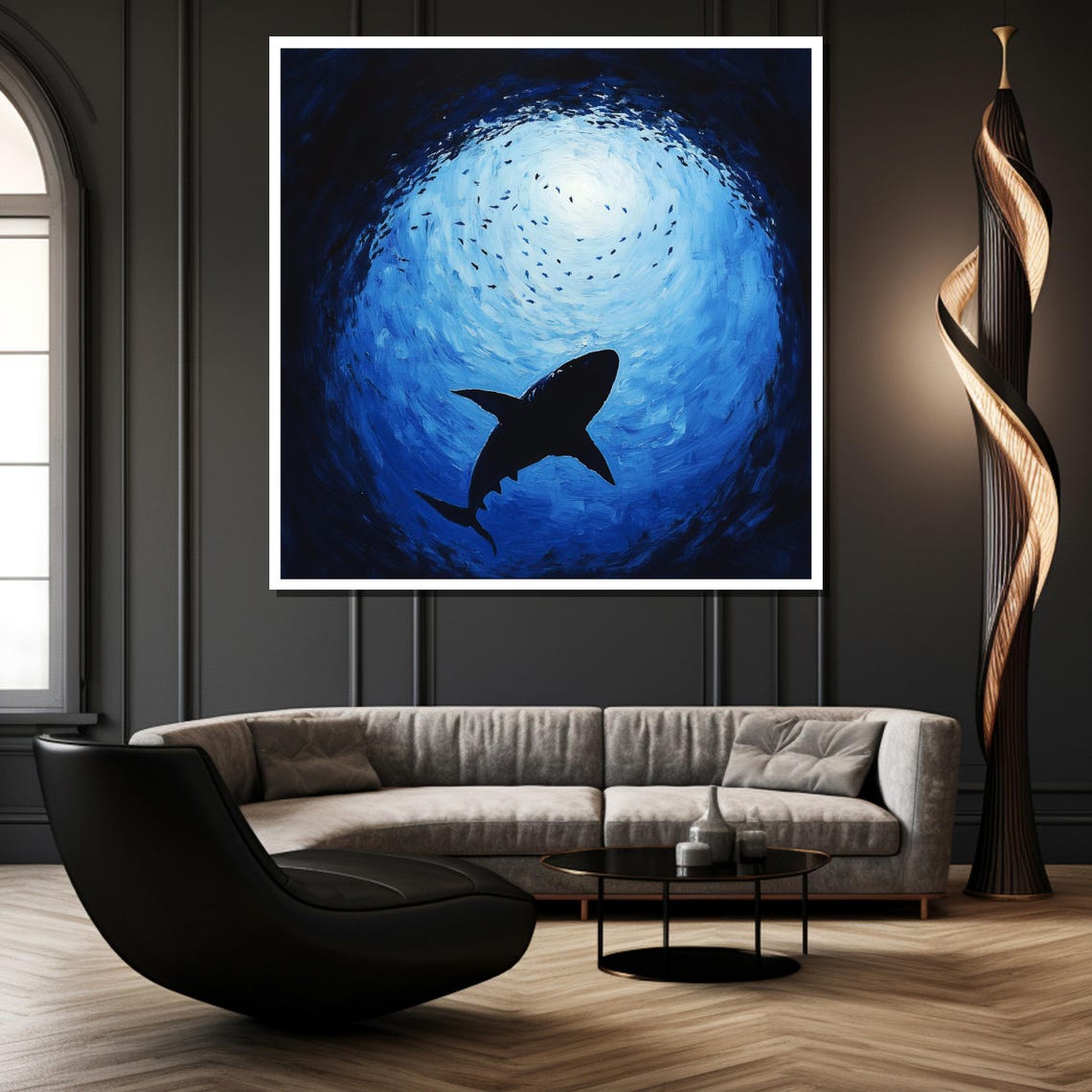 Shark Silhouette Gliding Through a Deep Blue Ocean Swirl Poster - Image 2