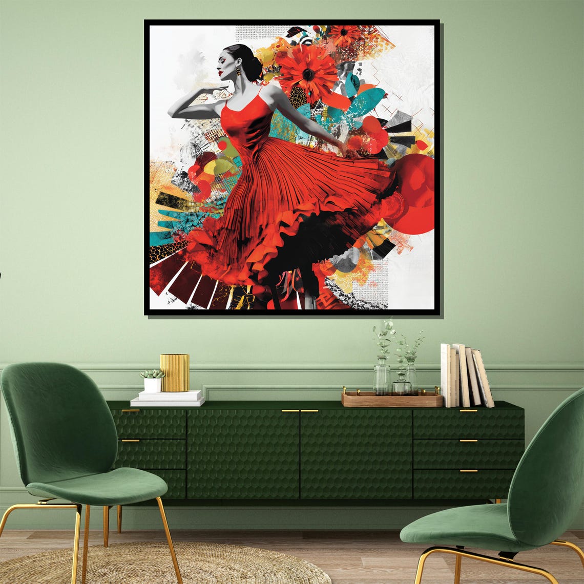 Flamenco Dancer in Red Dress on a Vibrant Collage Backdrop Poster - Image 4