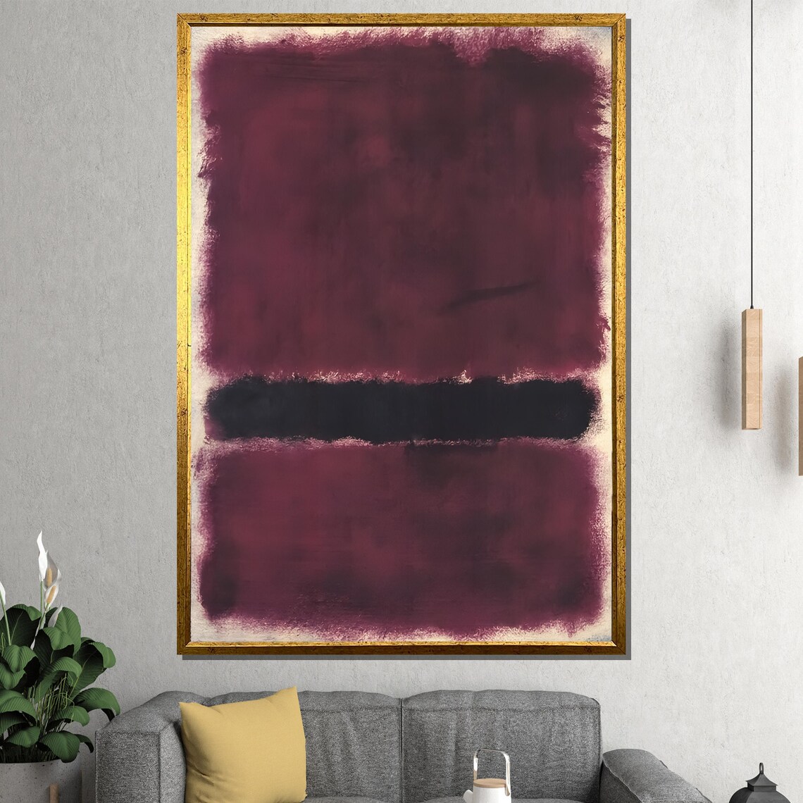 Burgundy Color Field Painting With Bold Black Band Abstract Poster