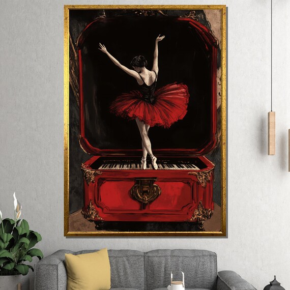 Ballerina in a Red Tutu Dancing on a Vintage Music Box Poster